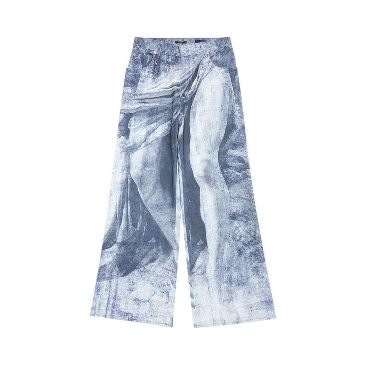 Balmain Statue Printed Loose Denim Pants Blue/Gris