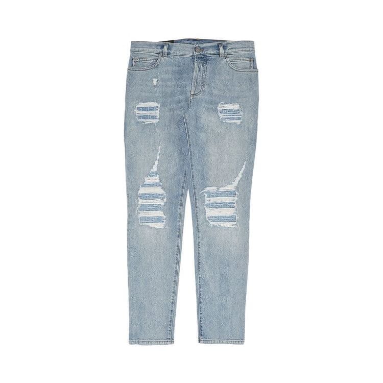 Balmain Monogram Destroyed 6 Pocket Tapered Jeans Blue