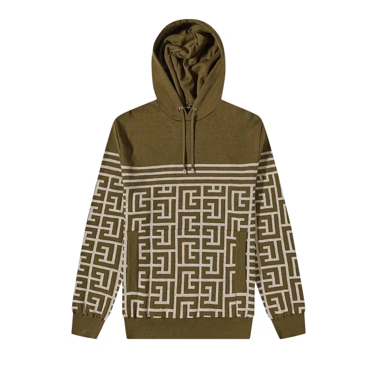 Balmain Monogram Stripe Knit Hoodie Khaki/Ivroy