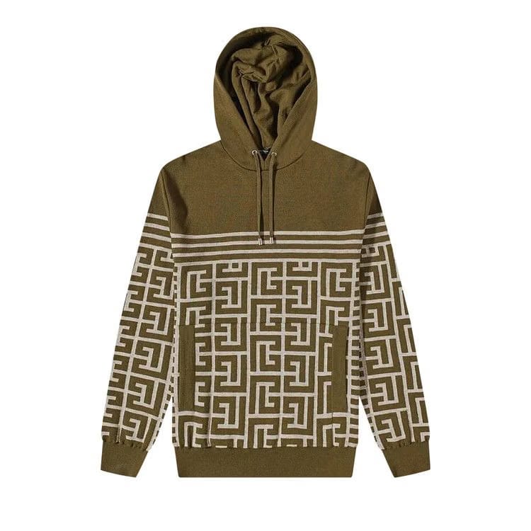 Balmain Monogram Stripe Knit Hoodie Khaki/Ivroy