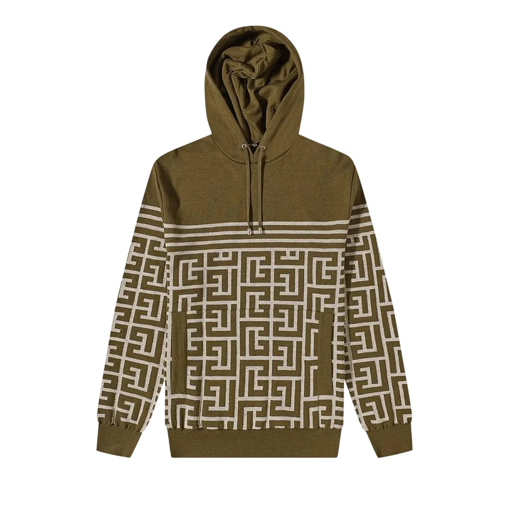Balmain Monogram Stripe Knit Hoodie Khaki/Ivroy