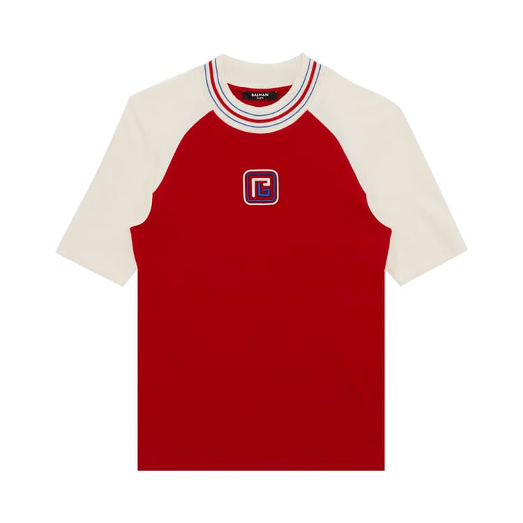 Balmain Raglan Retro PB T-Shirt Rouge Vif/Crème/Bleu Moyen