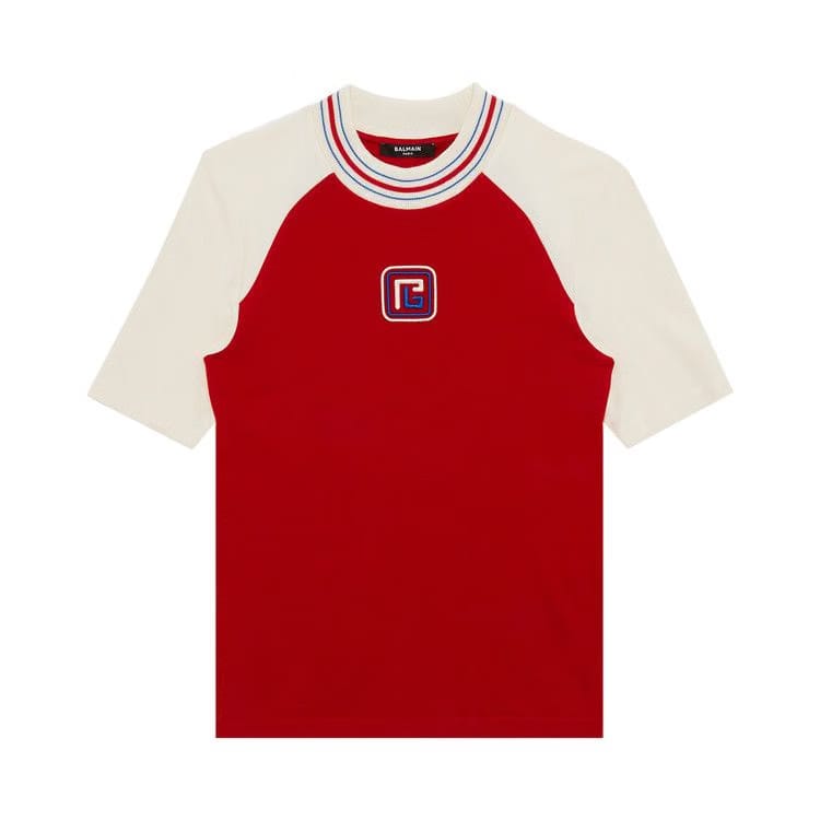 Balmain Raglan Retro PB T-Shirt Rouge Vif/Crème/Bleu Moyen