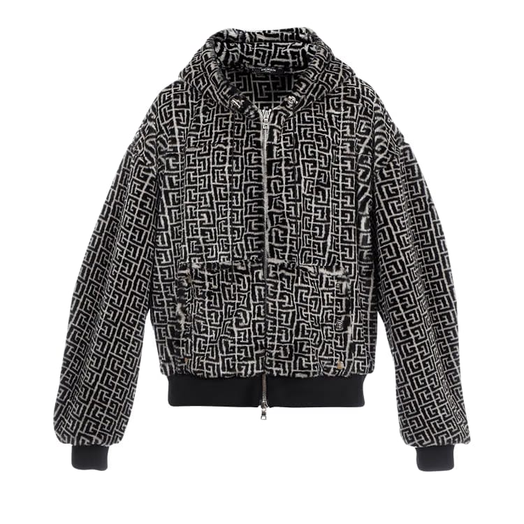 Balmain Monogram Faux Fur Hoodie Ivoire/Noir