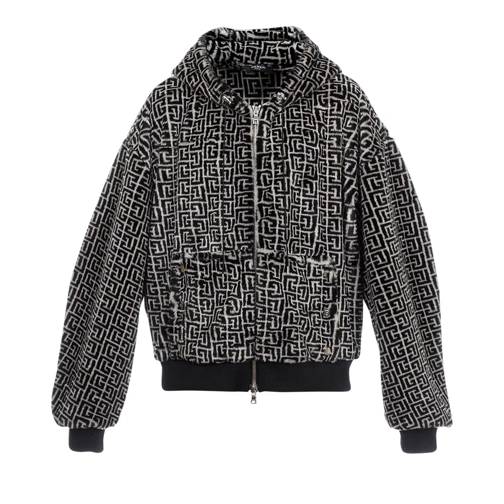 Balmain Monogram Faux Fur Hoodie Ivoire/Noir