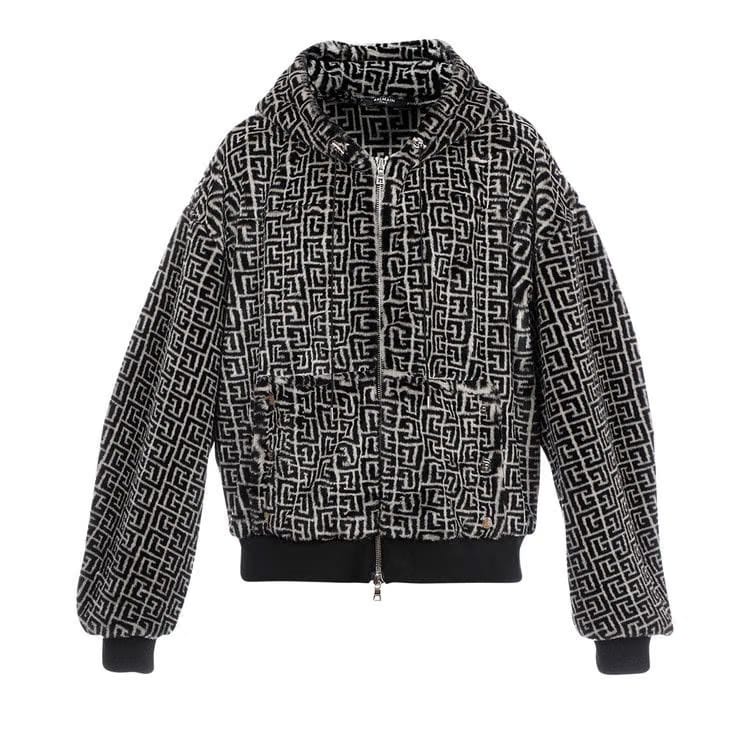 Balmain Monogram Faux Fur Hoodie Ivoire/Noir