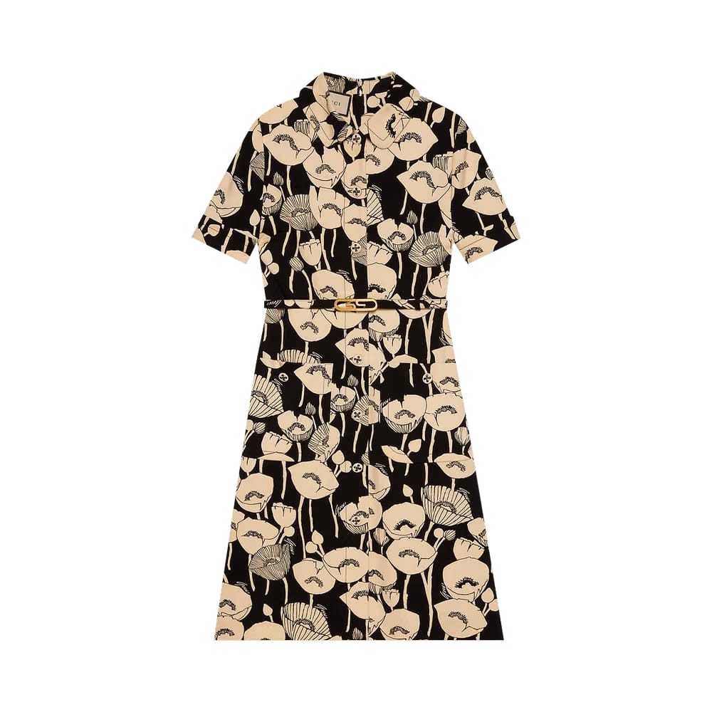 Gucci Poppy Flowers Print Jersey Dress Black/Ivory