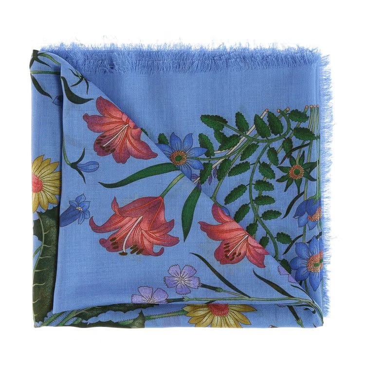 Gucci Flora Snake Print Scarf Blue