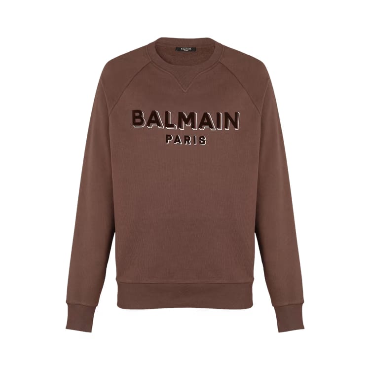 Balmain Flock And Foil Paris Logo Crew Sweatshirt Brown/Silver