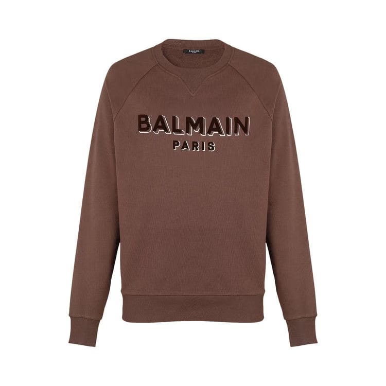 Balmain Flock And Foil Paris Logo Crew Sweatshirt Brown/Silver