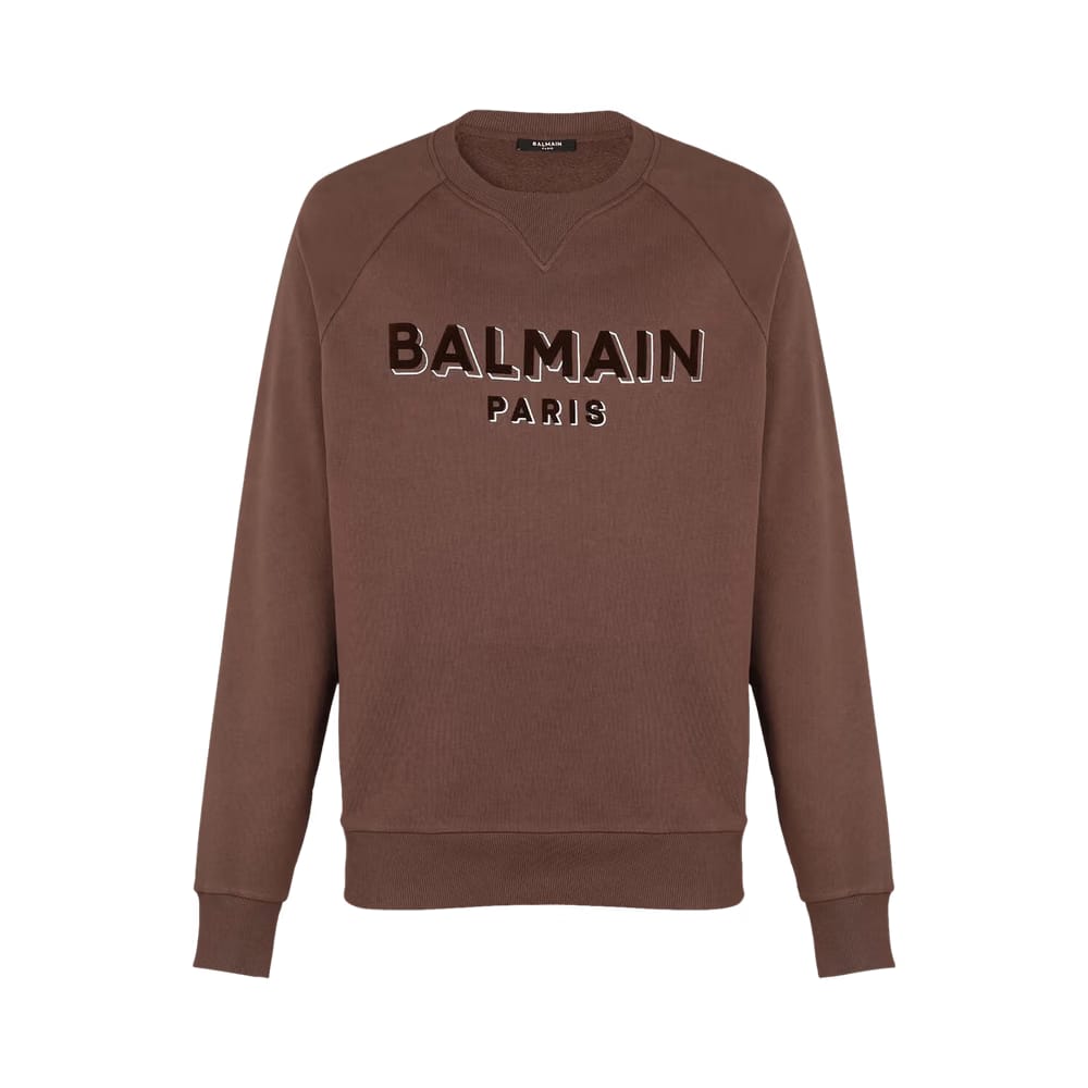 Balmain Flock And Foil Paris Logo Crew Sweatshirt Brown/Silver