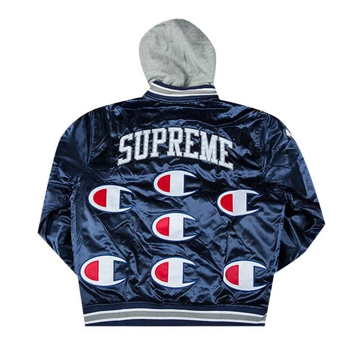 Supreme x Champion Hooded Satin Varsity Jacket Navy
