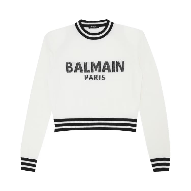 Balmain Cropped Mesh Logo Sweater Blanc/Noir