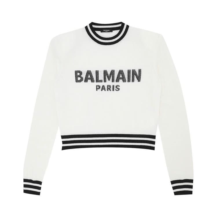 Balmain Cropped Mesh Logo Sweater Blanc/Noir