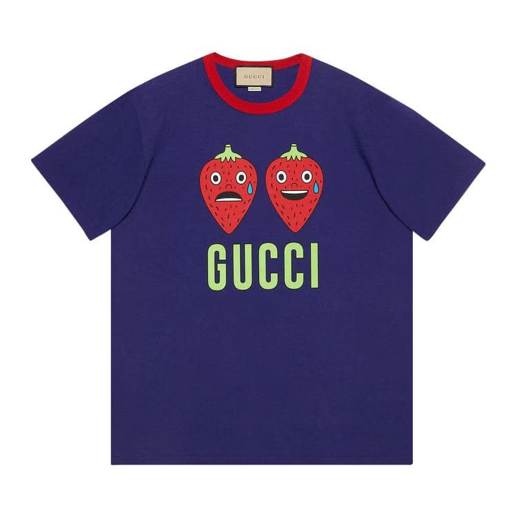 Gucci Strawberry Print Cotton T-Shirt Dark Blue