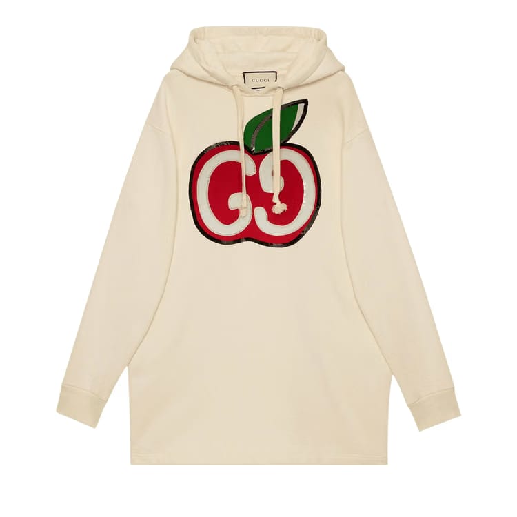 Gucci Hooded Dress With GG Apple Print Off White