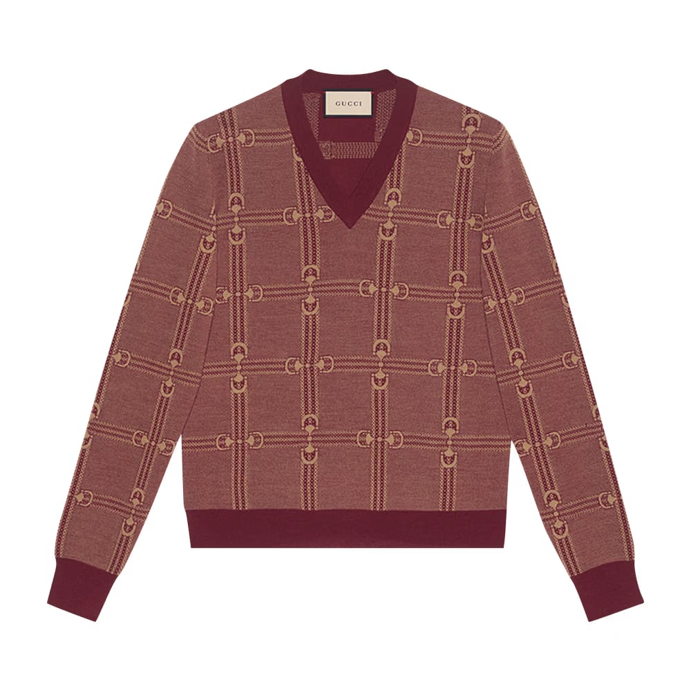 Gucci Horsebit Jacquard Knit Sweater Bordeaux/Camel
