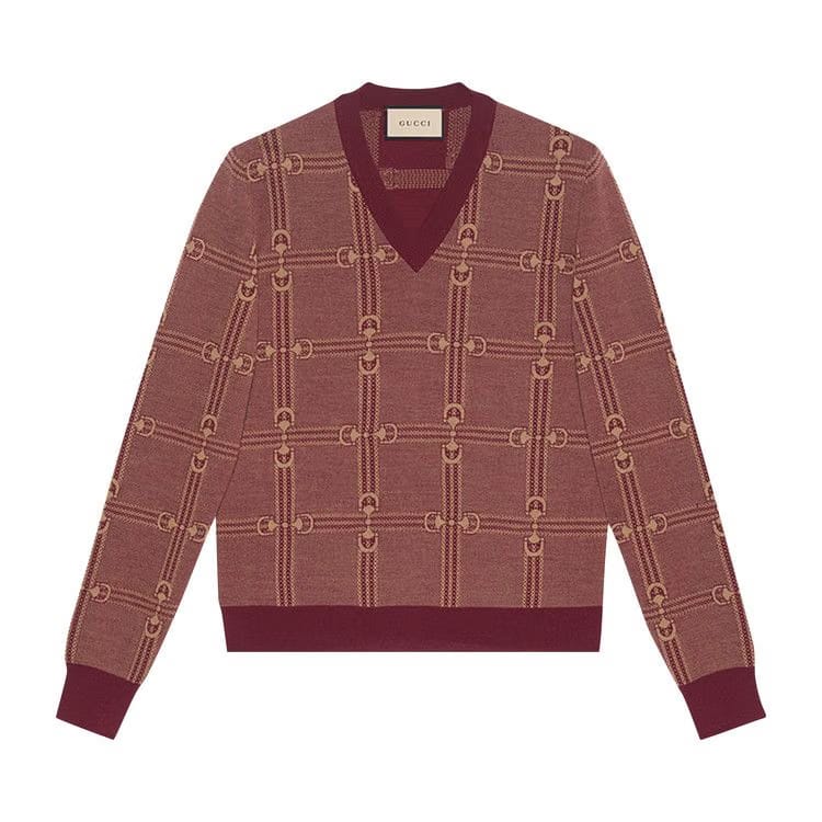 Gucci Horsebit Jacquard Knit Sweater Bordeaux/Camel
