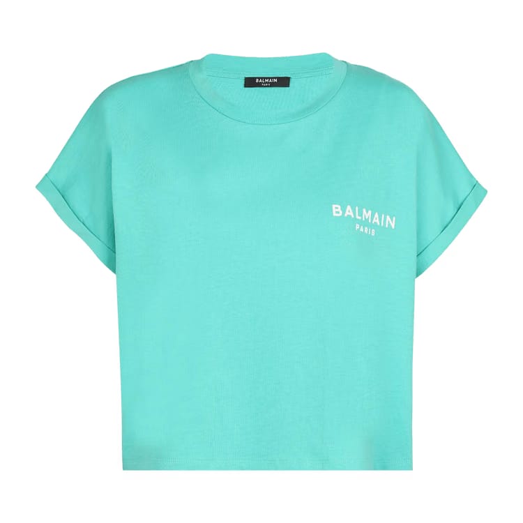 Balmain Logo Printed Cropped T-Shirt Water Green/White