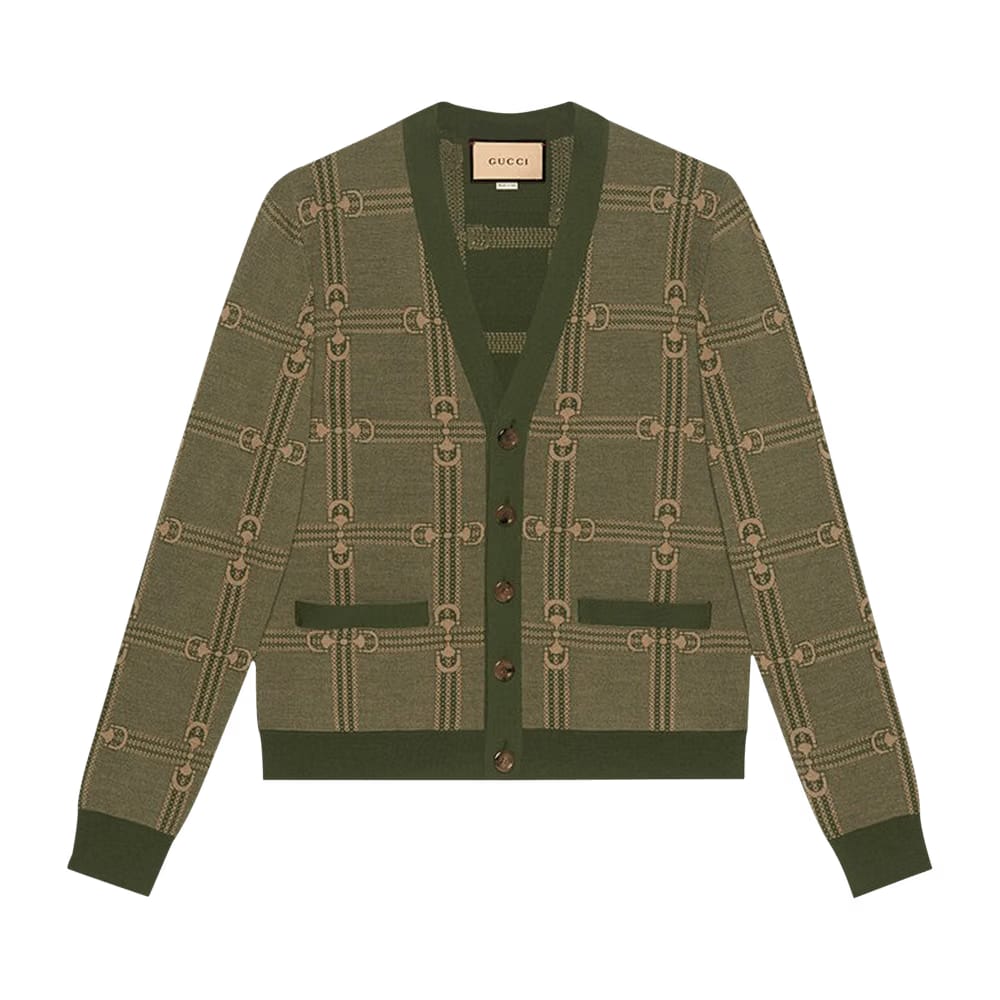 Gucci Horsebit Jacquard Knit Cardigan Green/Camel