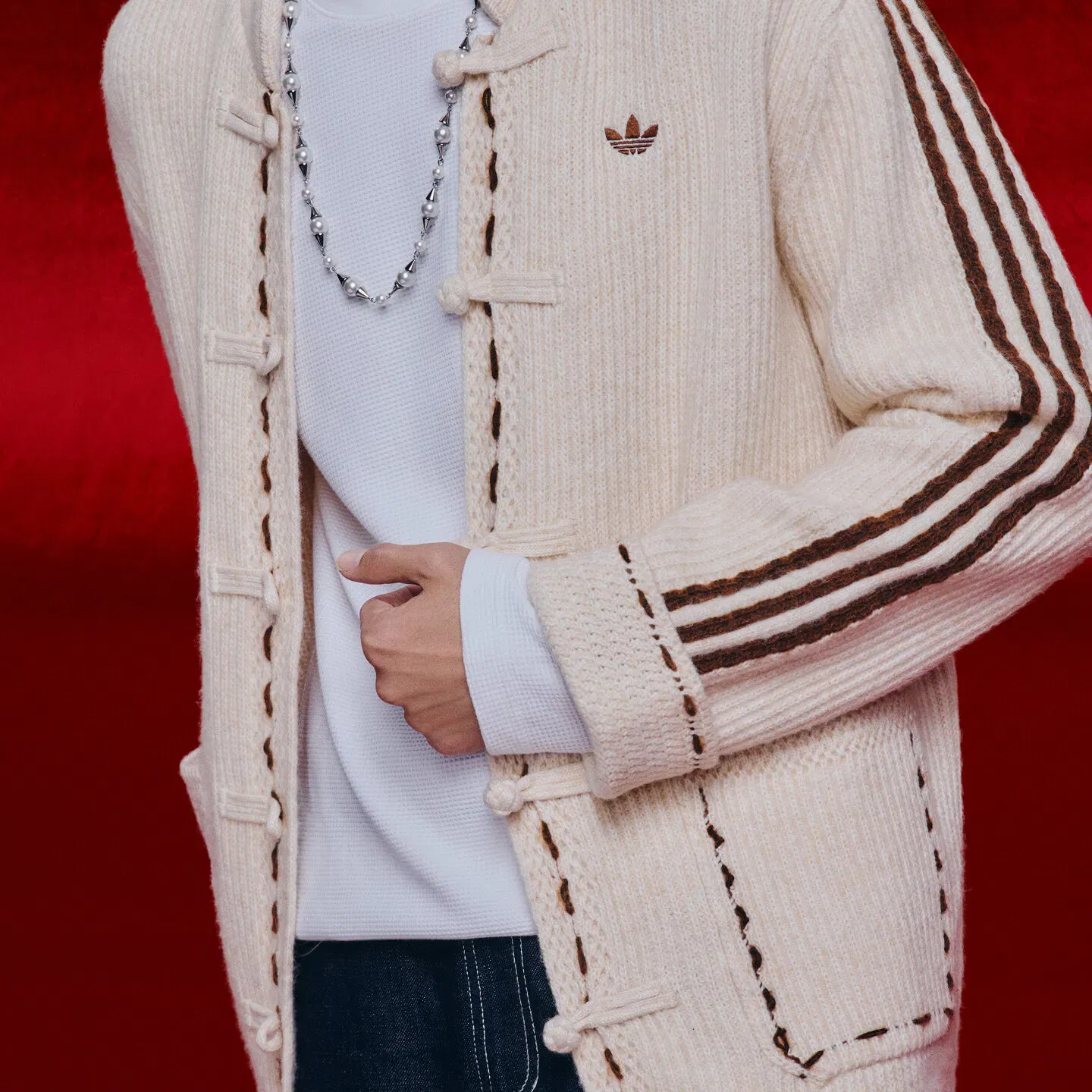 NEW YEAR KNIT JACKET Li Xian's New Year Style Chinese Knitted Sporty Loose Knitted Cardigan Jacket Flax Crystal Brown KR5065