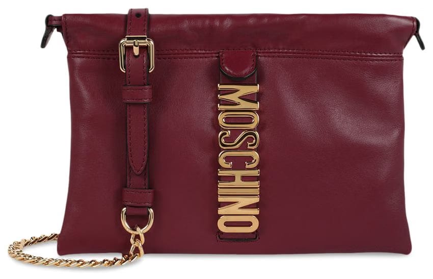 Moschino Logo Belt Drawstring Crossbody Bag Bordeaux