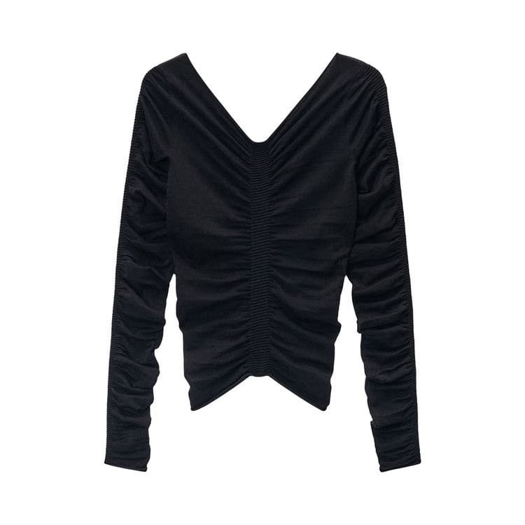 Alexander Wang Long-Sleeve Wide V Neck Ruched Pullover Black