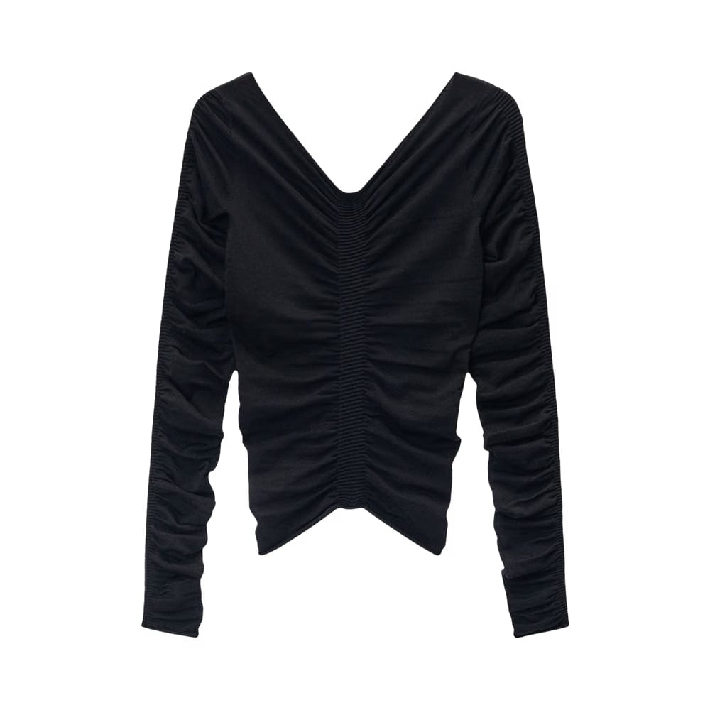 Alexander Wang Long-Sleeve Wide V Neck Ruched Pullover Black