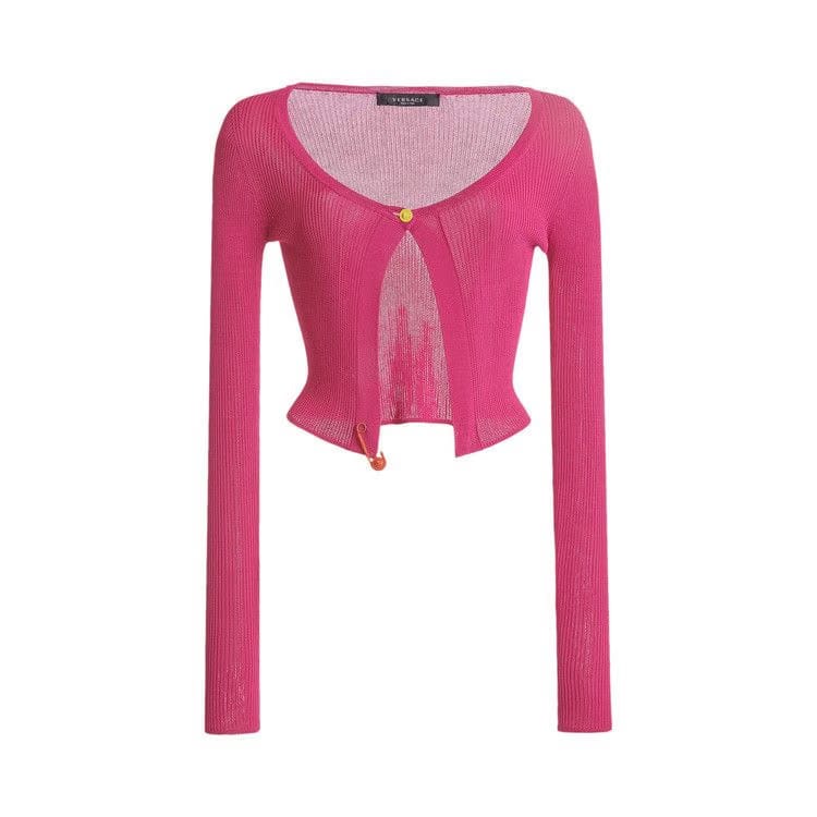 Versace Pin Embellished Fine Rib Cardigan Fuchsia