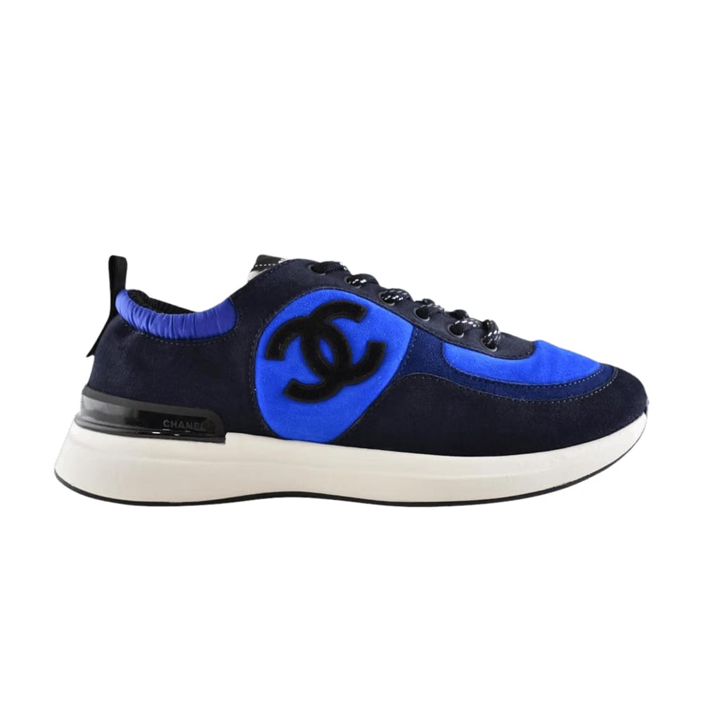 Chanel Lace Up Tie Flat Runner Trainers CC Logo - Blue Suede
