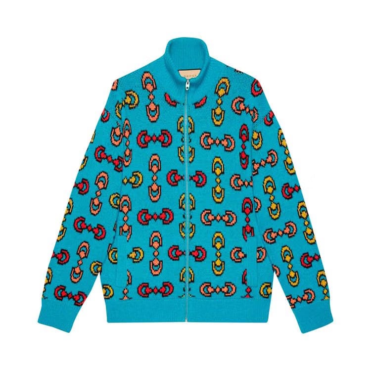 Gucci Horsebit Jacquard Wool Knit Bomber Blue/Yellow