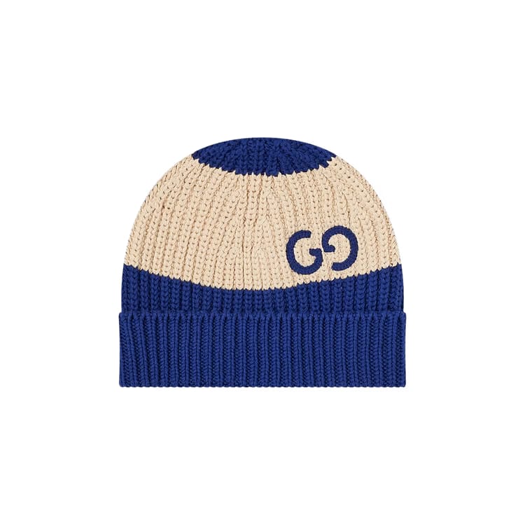 Gucci Knit Cotton Hat With Gg Ivory/Blue
