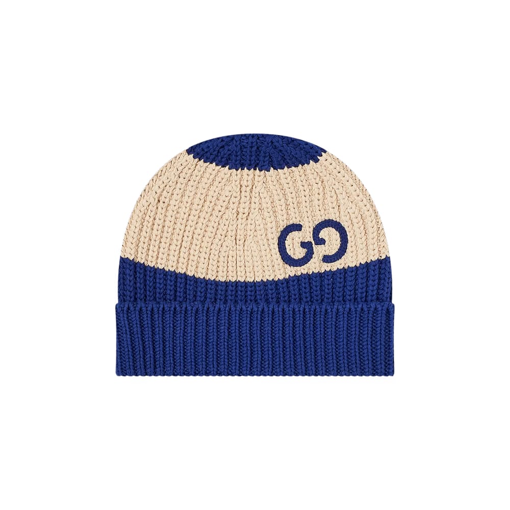 Gucci Knit Cotton Hat With Gg Ivory/Blue