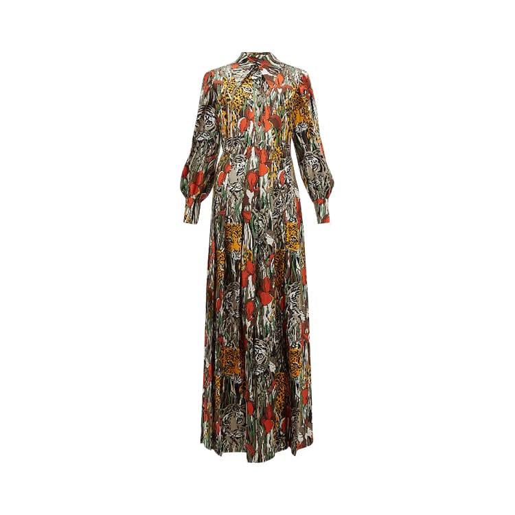 Gucci Feline Garden Print Long-Sleeve Silk Dress Dark Orange