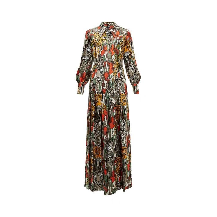 Gucci Feline Garden Print Long-Sleeve Silk Dress Dark Orange