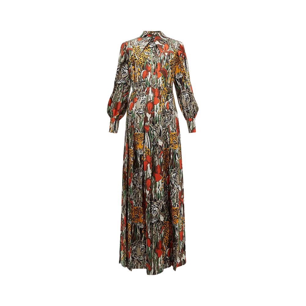 Gucci Feline Garden Print Long-Sleeve Silk Dress Dark Orange