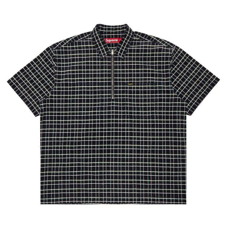 Supreme Plaid Corduroy Half Zip Shorts-Sleeve Shirt Navy