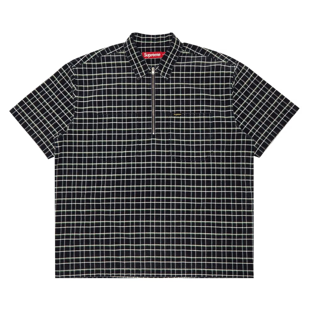 Supreme Plaid Corduroy Half Zip Shorts-Sleeve Shirt Navy