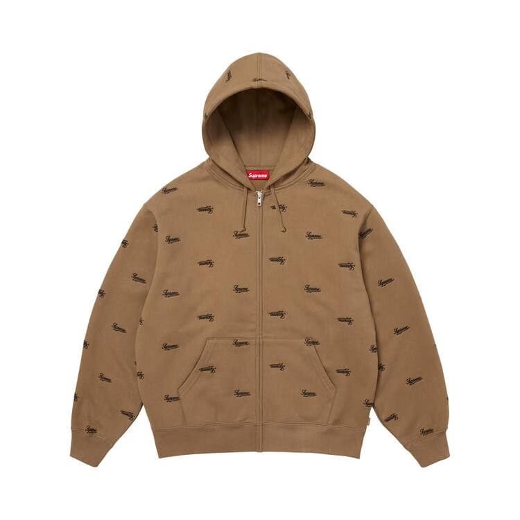 Supreme Repeat Script Zip Up Hoodie Dark Khaki