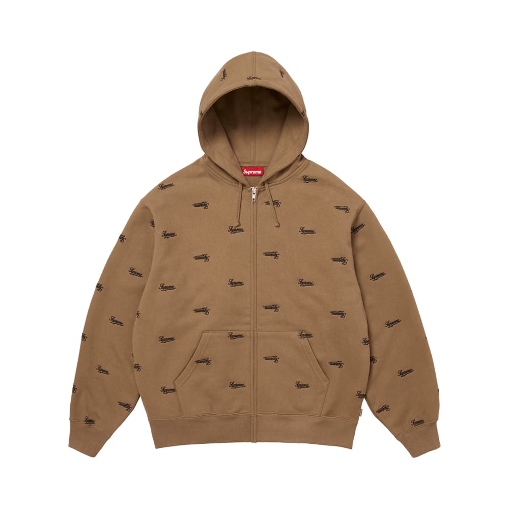 Supreme Repeat Script Zip Up Hoodie Dark Khaki