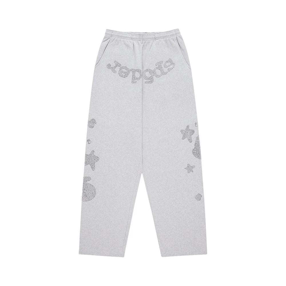 Sp5der Rhinestone Beluga V2 Wide Leg Sweatpant Heather Grey