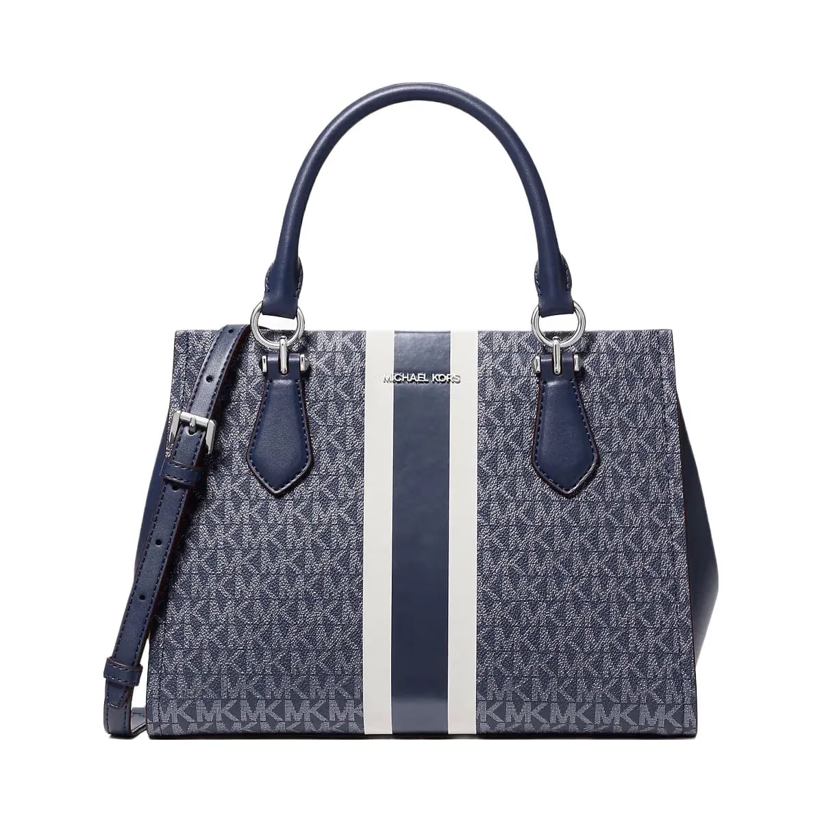 Michael Kors Marilyn Medium Signature Logo Stripe Satchel Navy