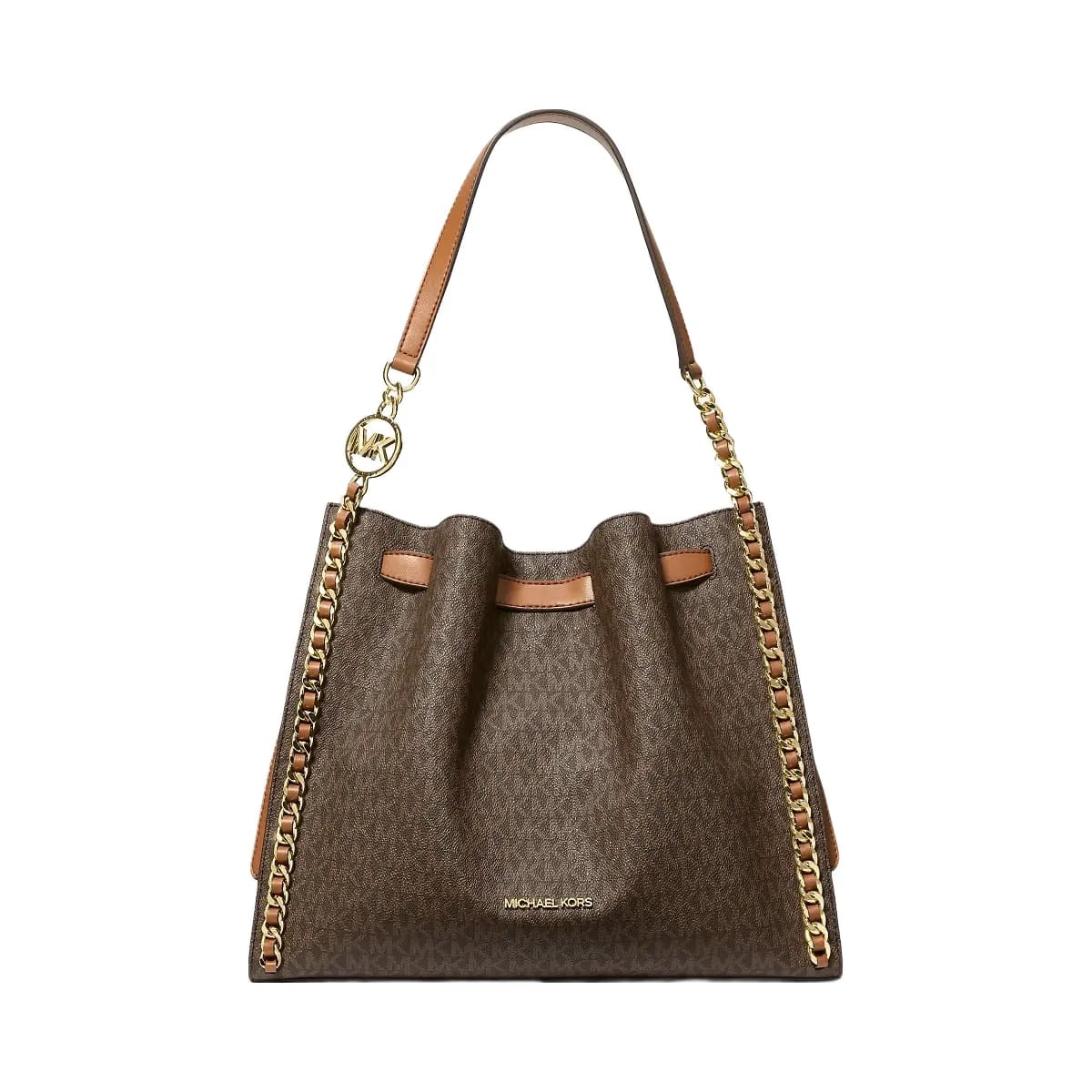 Michael Kors Mina Large Signature Logo Chain Shoulder Bag Brown