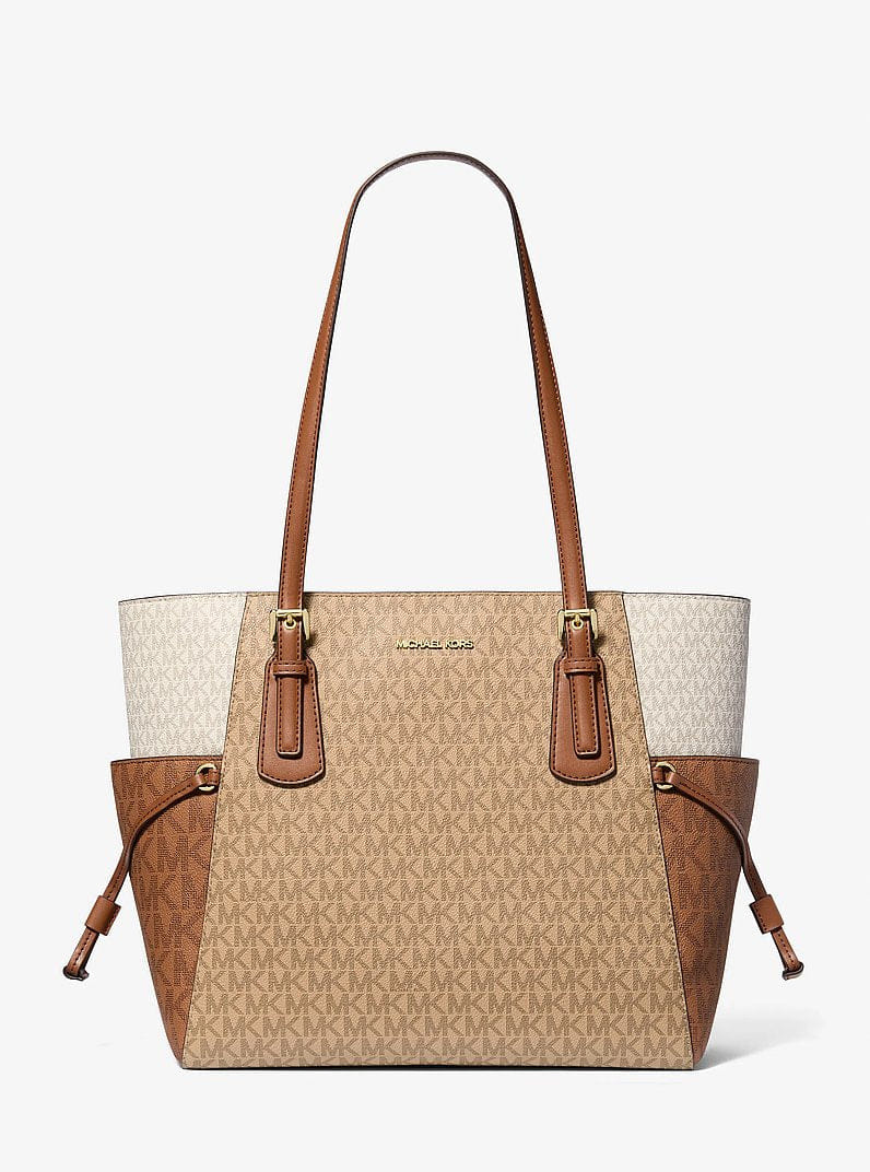 Michael Kors Voyager Large Color-Block Signature Logo Tote Bag Camel Mlt