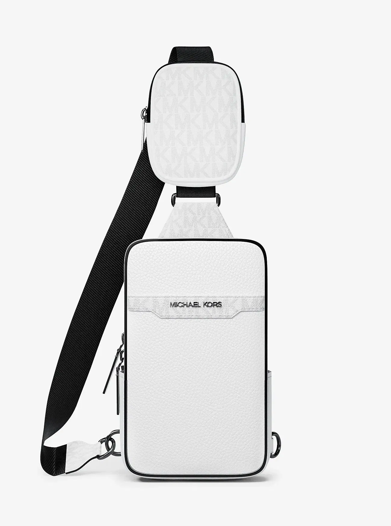 Michael Kors Cooper Medium Pebbled Leather and Signature Logo Sling Pack with Pouch Bright Wht