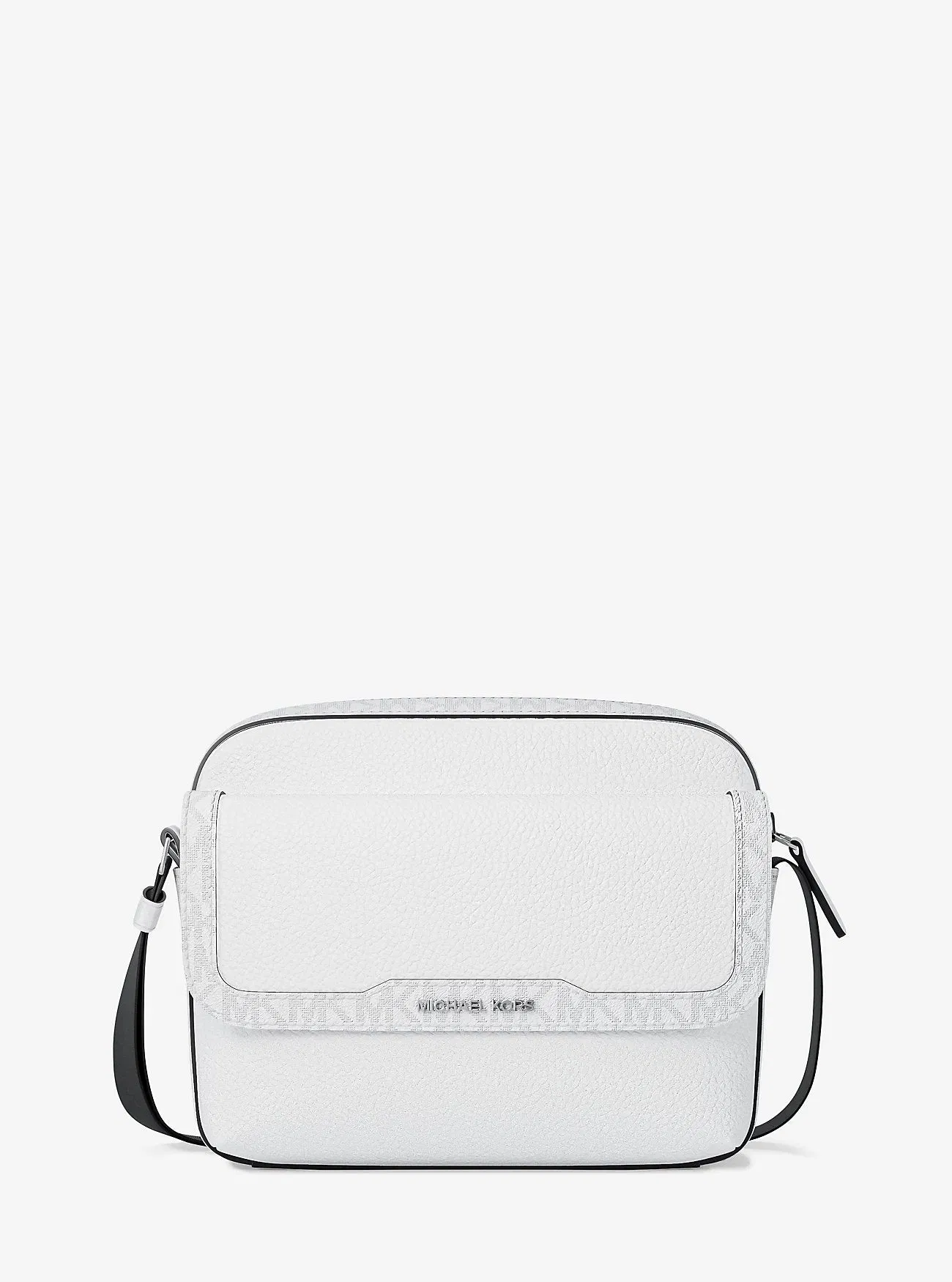 Michael Kors Cooper Medium Pebbled Leather and Signature Logo Camera Crossbody Bag Bright Wht