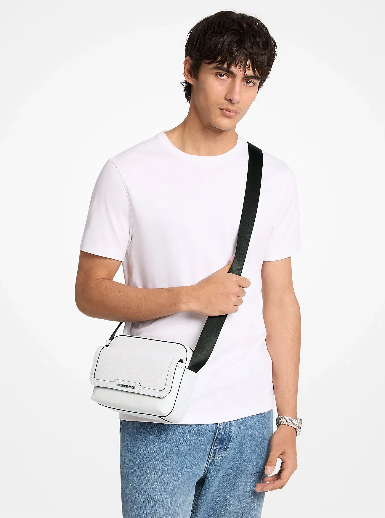 Michael Kors Cooper Medium Pebbled Leather and Signature Logo Camera Crossbody Bag Bright Wht