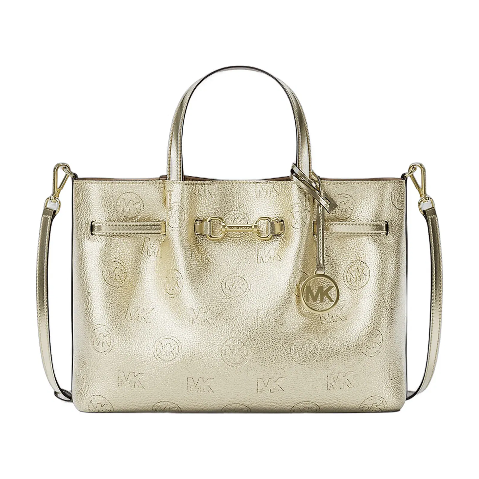 Michael Kors Carson Medium Metallic Logo Debossed Satchel Pale Gold