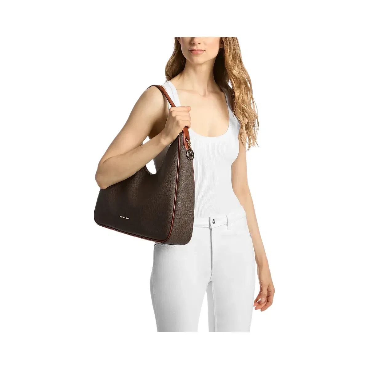 Michael Kors Nayla Medium Signature Logo Shoulder Bag Brown