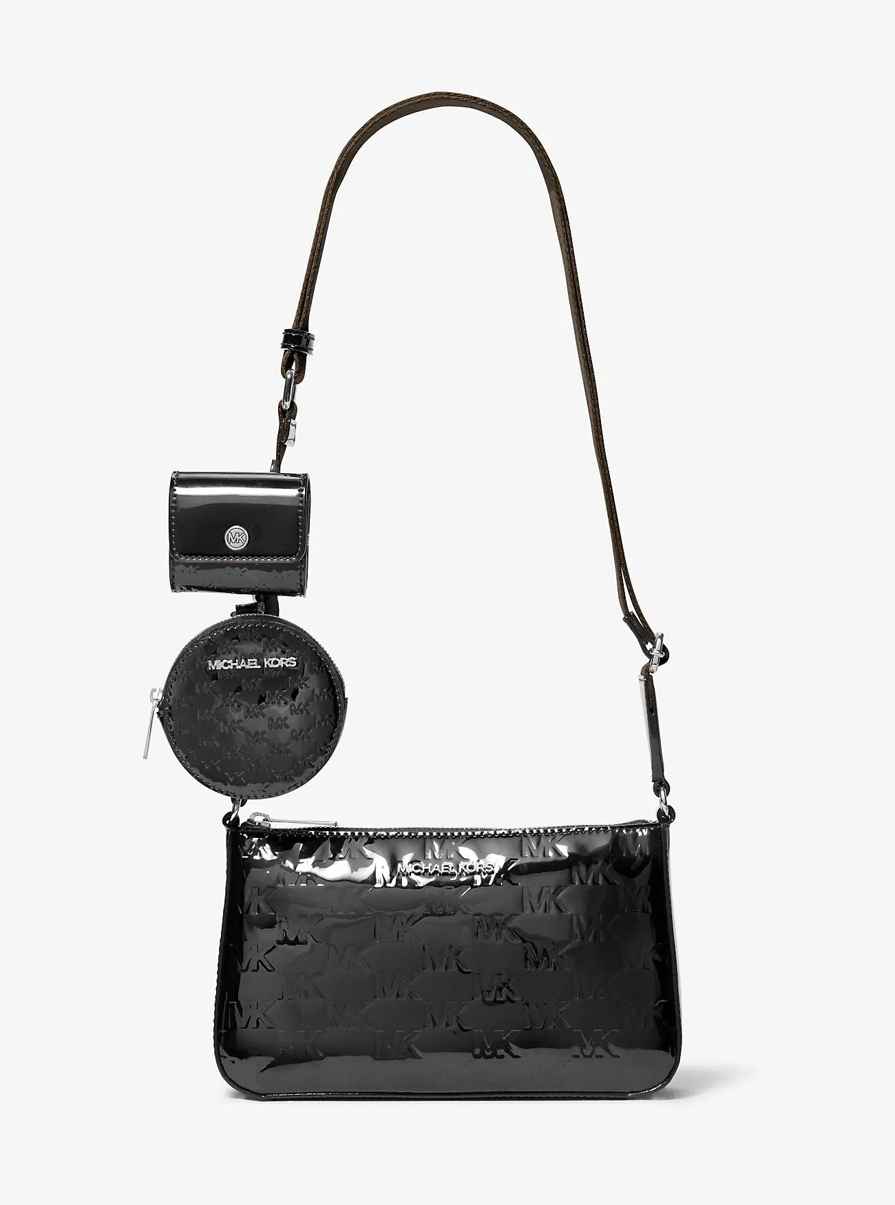 Michael Kors Jet Set Small Patent Logo Debossed Crossbody Bag with Case for Apple Airpods Pro® Black